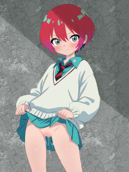 1girl absurdres amate_yuzuriha aqua_eyes aqua_shirt aqua_skirt bar_censor blush censored cleft_of_venus clothes_lift cowboy_shot gundam gundam_gquuuuuux highres lifting_own_clothes looking_at_viewer necktie no_panties pleated_skirt pussy pussy_juice red_hair rpca school_uniform shirt short_hair skirt skirt_lift sweater thigh_gap thighs two-tone_necktie