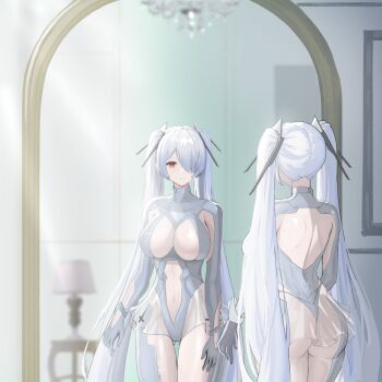 1girl absurdres armpit_cutout ass backless_outfit bodysuit breasts cinderella_(nikke) cleavage clothing_cutout commentary_request day gloves gluteal_fold goddess_of_victory:_nikke hair_over_one_eye highres indoors large_breasts leg_cutout long_hair mirror navel red_eyes reflection see-through_clothes see-through_skirt skirt solo sora8376 stomach_cutout sunlight twintails very_long_hair white_bodysuit white_hair