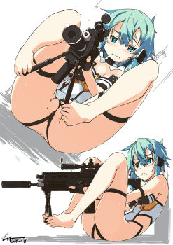 1girl anus anus_peek ass bare_shoulders barefoot cameltoe commission from_side green_hair gun highres holding holding_gun holding_weapon holding_with_feet multiple_views pussy rifle shikei short_hair sinon skeb_commission sniper_rifle sword_art_online weapon