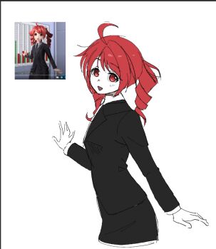 1girl ahoge black_suit drill_hair formal_clothes hello_worker_(vocaloid) kasane_teto kasane_teto_(utau) red_eyes red_hair scene_reference shirt smile suit ttnsfw0401 twin_drills utau vocaloid white_shirt