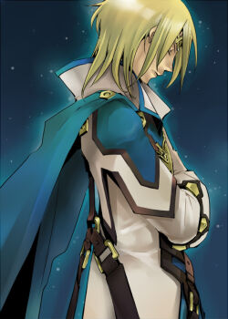 1boy arc_system_works bad_id bad_pixiv_id belt blonde_hair blue_theme cape crossed_arms doxa-hight closed_eyes guilty_gear guilty_gear_2 king ky_kiske male_focus solo