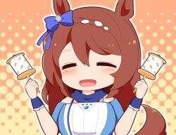 Rule 34 | 1girl, :d, ^ ^, animal ears, blue bow, blue dress, blush, bow, braid, breasts, brown background, brown hair, chibi, closed eyes, dress, facing viewer, gomashio (goma feet), grey outline, hair between eyes, hair bow, halftone, halftone background, hands up, holding, horse ears, horse girl, horse tail, long hair, medium breasts, open mouth, rattle, smile, solo, super creek (umamusume), tail, umamusume, upper body, wrist cuffs