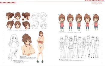 absurdres blush boots breasts character_name character_profile closed_mouth clothes_on_and_off color_guide commentary_request from_behind full_body highres kazami_torino large_breasts long_hair long_sleeves looking_at_viewer multiple_expressions multiple_girls multiple_views navel notes official_art open_mouth reference_sheet scan shirt shoes short_hair simple_background smile standing topless_female translation_request turnaround valkyrie_drive valkyrie_drive_-mermaid- variations white_background