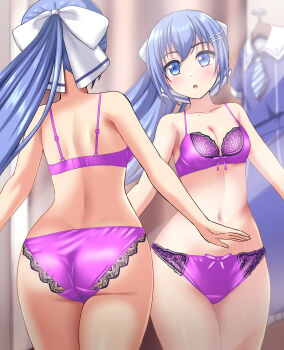 1girl :o absurdres ass back blue_eyes blue_hair blurry blurry_background blush bow bow_bra bow_panties bra breasts cleavage commentary_request commission crotch_seam depth_of_field fitting_room frilled_bra frilled_panties frills hair_ornament hair_ribbon hairclip highres indoors lingerie looking_at_viewer navel original panties partial_commentary pixiv_commission ponytail purple_bra purple_panties reflection ribbon school_uniform small_breasts solo standing underwear underwear_only unworn_clothes white_ribbon zanntetu