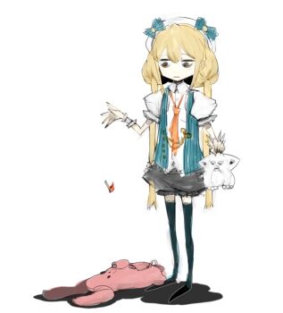 10s 1girl bags_under_eyes blonde_hair blush child female_focus fire furby futaba_anzu hat idolmaster idolmaster_cinderella_girls long_hair necktie ofuro_mantarou ribbon simple_background solo stuffed_animal stuffed_toy thighhighs twintails very_long_hair white_background zettai_ryouiki