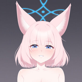1girl :d animal_ear_fluff animal_ears armpit_crease blue_archive blue_eyes blue_halo blunt_bangs blush collarbone commentary english_commentary eyes_visible_through_hair film_grain fox_ears fox_girl grey_background grin halo heart heart_in_eye highres looking_at_viewer madoka_(user_zrnk8278) medium_hair niko_(blue_archive) open_mouth pink_hair simple_background smile solo straight_hair symbol_in_eye tsurime watermark
