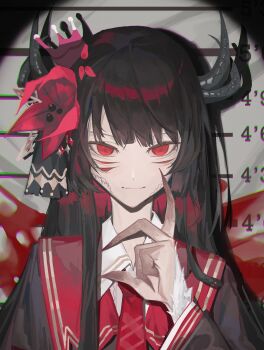 1girl absurdres artist_request black_hair black_horns blood blood_splatter blunt_bangs chinese_commentary chromatic_aberration claws closed_mouth colored_extremities commentary_request commission corrupted_twitter_file crown dark_persona demon_horns extra_eyes extra_horns flower hair_flower hair_ornament hand_up highres horns long_hair long_sleeves looking_at_viewer mahou_shoujo_no_majo_saiban mugshot necktie nikaido_hiro red_eyes red_flower red_necktie second-party_source smile snake_hair solo spoilers spotlight upper_body witch_(manosaba)