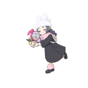 1girl affectionate ansha_(pokemon) backpack bag black_coat black_shoes blush closed_eyes closed_mouth coat commentary_request eyelashes gen_6_pokemon happy hat highres holding holding_pokemon hoopa hoopa_(confined) korean_commentary leg_warmers legendary_pokemon long_sleeves malryu mythical_pokemon nintendo pink_leg_warmers pink_scarf pokemon pokemon_(creature) pokemon_legends:_z-a scarf shoes smile transparent_background white_hat