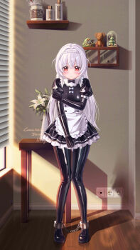 Rule 34 | 1girl, absurdres, apron, black leotard, black thighhighs, blush, bodysuit, boots, braid, breasts, cuffs, dress, frilled apron, frilled dress, frilled skirt, frills, full body, highres, indoors, latex, latex leotard, latex thighhighs, leno^a^, leotard, long hair, maid, original, red eyes, shackles, skirt, small breasts, solo, standing, thigh boots, thigh gap, thighhighs, very long hair, white hair