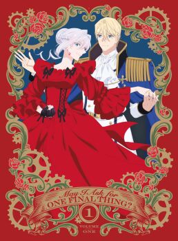 Rule 34 | 1boy, 1girl, anime coloring, black gloves, blonde hair, blu-ray cover, blue eyes, copyright name, cover, dress, dvd cover, earrings, fingerless gloves, gloves, grey hair, highres, jewelry, julius von palistan, numbered, official art, saigo ni hitotsu dake onegai shite mo yoroshii deshou ka, scarlet el vandimion, shirt, short hair, white shirt