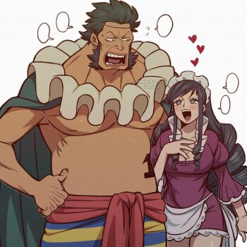 Rule 34 | + +, 1boy, 1girl, :d, absurdres, apron, artist name, baby 5, black eyes, black hair, blank speech bubble, blue pants, blush, breasts, cape, cleavage, commentary request, cowboy shot, dress, drill hair, drill sidelocks, eyelashes, flying sweatdrops, frilled sleeves, frills, green cape, hand up, heart, highres, juliet sleeves, kageimo, lace, lace-trimmed apron, lace-trimmed dress, lace trim, large breasts, long hair, long sleeves, looking at another, looking down, maid headdress, number tattoo, one piece, open mouth, pants, pectorals, puffy sleeves, purple dress, red sash, sai (one piece), sash, short hair, sideburns, sidelocks, simple background, smile, speech bubble, standing, striped clothes, striped pants, sweatdrop, tattoo, teeth, thick neck, three-quarter sleeves, twitter username, two-tone pants, v-shaped eyebrows, waist apron, watermark, white apron, white background, yellow pants