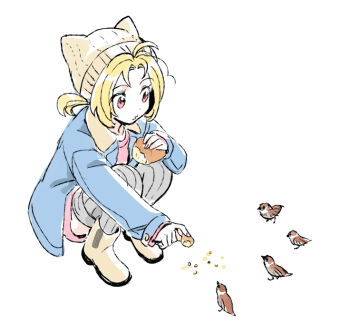 Rule 34 | 1girl, ahoge, animal ear headwear, animal ears, beanie, bird, bird feeding, blonde hair, blue coat, boots, cat ears, coat, dede (qwea 00000), dissidia duellum final fantasy, dissidia final fantasy, dress, fake animal ears, final fantasy, final fantasy v, full body, grey thighhighs, hat, holding bread, krile mayer baldesion (ff5), low twintails, official alternate costume, parted bangs, pink dress, pink eyes, ribbed thighhighs, squatting, thighhighs, twintails, white background, white boots, zettai ryouiki