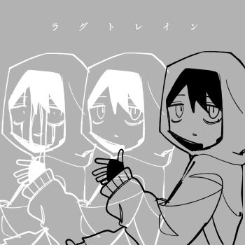1boy black_gloves black_hair commentary_request cry_of_fear exhausted fingerless_gloves gam_chihot gloves hand_up head_tilt hood hood_up hoodie jitome lagtrain_(vocaloid) male_focus parody recurring_image short_hair simon_henriksson solo upper_body