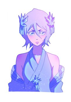 Rule 34 | 1girl, bleach, bleach: sennen kessen-hen, blue dress, blue eyes, blue hair, breasts, commentary, cropped torso, dress, frown, gradient hair, hair ornament, hakka no togame (bankai), highres, ice, kuchiki rukia, lips, multicolored hair, off shoulder, pink hair, pink lips, short eyebrows, short hair, small breasts, solo, straight-on, umbra (edits umbra), upper body