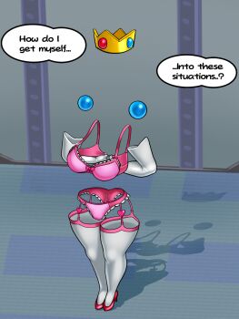 1girl arms_behind_back bra commentary crown elbow_gloves english_commentary english_text frilled_bra frilled_panties frills garter_straps gloves high_heels highres invisible legs_together mario_(series) mini_crown nintendo open_bra panties paper_mario paper_mario:_the_thousand-year_door pink_bra pink_panties pink_shoes princess_peach shoes sleepiitreat solo standing thick_thighs thighhighs thighs underwear undressing unfastened white_thighhighs