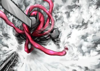 1boy chainsaw chainsaw_devil chainsaw_man greyscale highres intestine_clothing intestines minokichi_(arufooto25) monochrome sharp_teeth smoke solo spot_color teeth