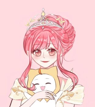 Rule 34 | 1girl, ^ ^, ahoge, animal, arms up, bare arms, brown eyes, cat, chinese commentary, cloak, closed eyes, closed mouth, clothed animal, commentary request, dress, ear covers, eyelashes, feather-trimmed dress, hair bun, happy, highres, holding, holding animal, holding cat, hood, hood up, hooded cloak, infinity nikki, light blush, lipstick, looking at viewer, makeup, melody bloom (infinity nikki), momo (nikki), nikki (nikki), nikki (series), off-shoulder dress, off shoulder, open mouth, pink background, pink hair, pink lips, shanfengzhu, short hair with long locks, short sleeves, sidelocks, simple background, single hair bun, smile, solo, tiara, updo, upper body, wavy hair, white cat, white dress, yellow cloak