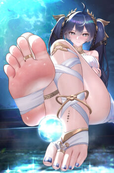 1girl absurdres ahoge ancient_greek_clothes anklet bare_shoulders blue_eyes blue_hair blue_nails breasts bridal_gauntlets bridal_legwear closed_mouth double-parted_bangs feet foot_focus foot_up gladiator_sandals greco-roman_clothes hair_belt hair_between_eyes hand_on_own_chest head_wreath highres iuno_(wuthering_waves) jewelry large_breasts long_hair looking_at_viewer nail_polish sandals sitting soles solo stirrup_legwear tacet_mark_(wuthering_waves) thighlet thighs toe_ring toeless_legwear toenail_polish toenails toes twintails ursica very_long_hair white_bridal_gauntlets wuthering_waves