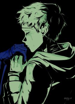 Rule 34 | 2boys, absurdres, alien stage, artist name, blood, blood splatter, closed eyes, commentary, english commentary, highres, hood, ivan (alien stage), kiss, kissing hand, limited palette, male focus, multiple boys, out of frame, short hair, till (alien stage), very short hair, willow x0, yaoi