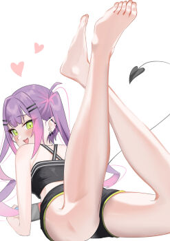 1girl absurdres barefoot black_shirt black_shorts blush demon_girl demon_tail ear_piercing fang green_eyes handheld_game_console highres holding holding_handheld_game_console hololive long_hair looking_at_viewer multicolored_hair nintendo_switch open_mouth piercing pink_hair pointy_ears purple_hair shirt shorts skin_fang smile solo streaked_hair tail tokoyami_towa tokoyami_towa_(1st_costume) twintails uw_chanmaru very_long_hair virtual_youtuber