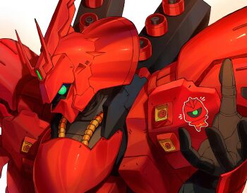 Rule 34 | bluescreen 23, char's counterattack, chibi, chibi inset, commentary request, funnels (gundam), green eyes, gundam, hand up, highres, korean commentary, looking at viewer, mecha, mecha focus, mobile suit, no humans, notice lines, one-eyed, open hand, portrait, robot, sazabi, science fiction, simple background, white background