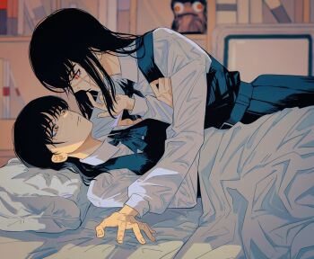 2girls @_@ ascot bed belt black_ascot black_hair blanket blue_ascot blue_belt blue_dress blurry blurry_background book bookshelf breasts chainsaw_man closed_mouth collared_shirt dress fingernails fourth_east_high_school_uniform grey_shirt hair_between_eyes hands_up highres indoors long_hair long_sleeves looking_at_another looking_down looking_up lying lying_on_person medium_breasts mitaka_asa multiple_girls on_back on_stomach open_mouth pillow pinafore_dress pointing ponytail puffy_long_sleeves puffy_sleeves red_eyes scar scar_on_face school_uniform selfcest shirt short_hair short_ponytail sidelocks sleeveless sleeveless_dress television war_devil_(chainsaw_man) yellow_eyes yoru_(chainsaw_man) yumu_(8181018) yuri