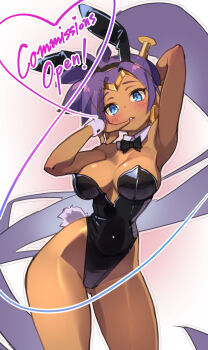 Rule 34 | 1girl, animal ear hairband, animal ears, arm up, armpits, bare shoulders, black leotard, blue eyes, blush, bow, bowtie, breasts, cleavage, commentary, commission, covered navel, cowboy shot, dark-skinned female, dark skin, detached collar, earrings, english commentary, fake animal ears, gluteal fold, hairband, highleg, highleg leotard, highres, jewelry, large breasts, leotard, life is pi, lips, long hair, looking at viewer, parted lips, playboy bunny, ponytail, purple hair, rabbit ear hairband, rabbit ears, rabbit tail, shantae, shantae (series), solo, strapless, strapless leotard, tail, tiara, very long hair, wrist cuffs