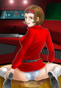 1girl ass belt blonde_hair blood boots brown_eyes brown_hair character_request excessive_nosebleed getter_robo headband highres knee_boots muv-luv muv-luv_alternative nagare_ryoma nosebleed panties reflection saotome_michiru shoe_soles short_hair sitting striped_clothes striped_panties toei_company toten_(der_fuhrer) underwear wariza