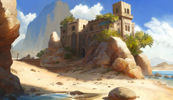 beach blue_sky building castle cloud day highres inn landscape middle_eastern_architecture mountainous_horizon ocean original painterly palm_tree refiend rock scenery shore sky sun sunlight tree water