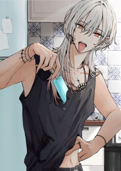 1boy absurdres arm_tattoo black_tank_top bracelet chain chain_necklace commentary ear_piercing english_commentary fangs finger_tattoo food grey_hair grey_pants highres holding holding_food holding_popsicle jewelry kitchen long_hair male_focus melting_popsicle necklace niwa281610 original pants paper piercing popsicle red_eyes refrigerator solo tan tank_top tattoo teeth tongue tongue_out tongue_piercing upper_teeth_only