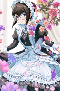 1girl absurdres alternate_costume apron back_bow belt bespectacled black_boots black_hair blue_eyes blue_gemstone boots bow breasts brooch brown_belt closed_mouth commission commissioner_upload cowboy_shot curtains curtsey enmaided falling_petals flower gem glasses grey_ribbon hair_bow hair_bun hair_up highres idolmaster idolmaster_cinderella_girls jewelry juliet_sleeves key knee_boots lace-up_boots light_blush long_sleeves looking_at_viewer maid maid_apron maid_headdress medium_breasts official_alternate_costume official_alternate_hairstyle petals puffy_sleeves round_eyewear sagisawa_fumika single_hair_bun skirt_hold smile solo utsukushiki_soutei_itoshiki_kotoba_(idolmaster) wanderstillart white_apron white_bow