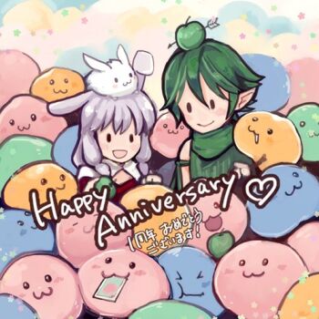 Rule 34 | 1boy, 1girl, :3, animal, animal ears, animal on head, anniversary, apple, apple on head, arrow through apple, card, closed mouth, commentary request, drops (ragnarok online), food, fruit, gobaku no hito, green apple, green hair, green scarf, high priest (ragnarok online), long hair, lowres, lunatic (ragnarok online), marin (ragnarok online), on head, open mouth, pointy ears, poporing, poring, rabbit, rabbit ears, rabbit girl, rabbit on head, ragnarok masters, ragnarok online, ranger (ragnarok online), scarf, short hair, slime (creature), smile, solid circle eyes, star (symbol), upper body