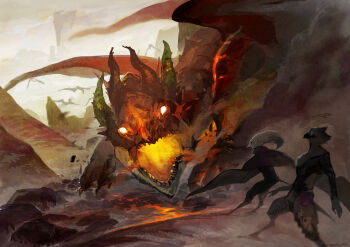 2others breath_weapon breathing_fire commentary_request dragon feathered_wings fire full_body furry glowing glowing_eyes highres multiple_others nagabe original outdoors red_scales tail western_dragon white_eyes wings