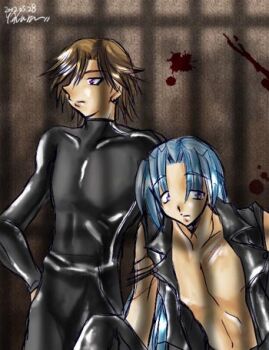 2boys blue_eyes blue_hair bodysuit brown_hair capcom dynamo_(mega_man) earrings hair_over_one_eye jewelry long_hair lowres multiple_boys purple_eyes mega_man_(series) mega_man_x_(series) short_hair vile_(mega_man) vest