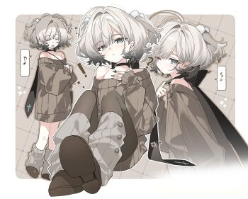 ! 1girl antenna_hair aqua_eyes black_choker border brown_shoes brown_sweater choker closed_eyes commentary cross cross_earrings earrings flying_sweatdrops grey_hair grey_socks hair_ornament hashtag-only_commentary highres jewelry light_blush long_sleeves looking_at_viewer loose_socks medium_hair multiple_views musical_note off-shoulder_sweater off_shoulder one_eye_closed original outside_border pantyhose parted_lips pom_pom_(clothes) pom_pom_hair_ornament ribbed_sweater shoes socks spoken_flying_sweatdrops spoken_musical_note stemiomio sweater symbol-only_commentary two_side_up white_border