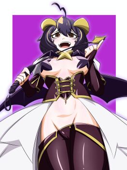 1girl bat_brooch breastless_clothes breasts commentary_request corset cross cross-shaped_pupils cross_facial_mark cross_pasties dominatrix facial_mark fold-over_gloves forward-facing_horns highres holding holding_riding_crop horns ibaraneco lowleg lowleg_pants magia_baiser mahou_shoujo_ni_akogarete open_mouth pants pasties purple_background purple_corset purple_hair riding_crop shrug_(clothing) solo star_(symbol) star_pasties symbol-shaped_pupils thighs white_shrug yellow_horns