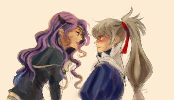 Rule 34 | 1boy, 1girl, assertive female, blush, camilla (fire emblem), chignon, fire emblem, fire emblem fates, grey hair, leaning forward, long hair, looking at another, nintendo, older female and younger male, orange eyes, purple eyes, purple hair, s4liller, simple background, takumi (fire emblem), tiara, wavy hair