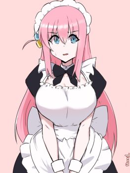 1girl apron artist_name back_bow black_bow black_bowtie black_dress blue_eyes bocchi_the_rock! bow bowtie breasts cleavage cowboy_shot dress female_focus frilled_apron frills gotoh_hitori hair_between_eyes hair_ornament highres large_breasts long_hair looking_afar maid maid_apron maid_headdress nervous one_side_up open_mouth pink_background pink_hair puffy_short_sleeves puffy_sleeves short_sleeves sidelocks signature simple_background solo standing straight-on sweat white_apron wozzu wrist_cuffs