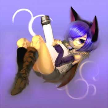 1girl alchemist_(ragnarok_online) animal_ears black_shorts boots brown_boots brown_cape cape cat_ears closed_mouth commentary_request elbow_gloves fake_animal_ears fingerless_gloves flask full_body fur_collar glasses gloves grey_shirt invisible_chair looking_at_viewer lowres oyama_yoihaya purple_background purple_eyes purple_gloves purple_hair ragnarok_online round-bottom_flask shirt short_hair shorts sitting sleeveless sleeveless_shirt solo standing