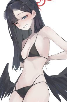 1girl absurdres arms_behind_back bare_arms bikini black_bikini black_hair black_wings blue_archive blush breasts collarbone commentary cowboy_shot eyewear_on_head grey_eyes halo highres ichika_(blue_archive) ichika_(swimsuit)_(blue_archive) long_hair looking_at_viewer matcha_(matttttya1) multi-strapped_bikini_bottom navel one_eye_closed red_halo simple_background small_breasts smile solo stomach sweatdrop swimsuit white_background wings