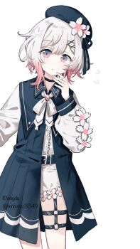 :o artist_name belt belt_buckle beret black_belt black_choker black_dress black_hat black_ribbon bow bowtie brooch buckle center_frills choker collared_dress cowboy_shot dress flower frilled_shirt frills gradient_eyes gradient_hair grey_eyes hair_ornament hand_to_own_mouth hand_up hat hat_flower highres jewelry long_sleeves looking_at_viewer mahou_shoujo_no_majo_saiban medium_hair migolu multicolored_eyes multicolored_hair o-ring o-ring_thigh_strap open_mouth pink_eyes puffy_long_sleeves puffy_sleeves red_hair ribbon sakuraba_ema shirt shorts simple_background standing thigh_strap twitter_username watermark white_background white_bow white_bowtie white_flower white_hair white_shirt white_shorts x_hair_ornament