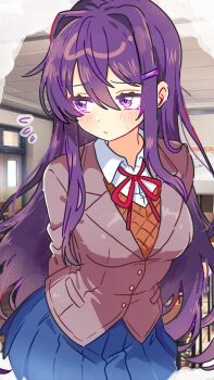 Rule 34 | 1girl, arms behind back, blue skirt, breasts, brown vest, classroom, doki doki literature club, doki doki literature club school uniform, embarrassed, flying sweatdrops, grey jacket, hair between eyes, hair intakes, hair ornament, hairclip, hashtag-only commentary, highres, indoors, jacket, light blush, long hair, long sleeves, looking to the side, medium breasts, miniskirt, neck ribbon, pastel.moch, purple eyes, purple hair, red ribbon, ribbon, school uniform, screenshot background, shirt, sidelocks, skirt, small sweatdrop, solo, very long hair, vest, white shirt, yuri (doki doki literature club)