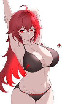 2girls absurdres ahoge alternate_costume arms_up bikini black_bikini breasts cleavage closed_mouth crossed_bangs doro_(nikke) goddess_of_victory:_nikke hair_between_eyes hair_intakes highres large_breasts long_hair multiple_girls navel nihilister_(nikke) r3end red_eyes red_hair sidelocks simple_background solo_focus standing stretching swimsuit white_background