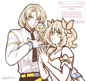 Rule 34 | 1boy, 1girl, alfred (fire emblem), alfred (floral regalia) (fire emblem), alternate hair length (longer), alternate hair length (shorter), alternate hairstyle, artist name, bare shoulders, black necktie, blonde hair, blush, braid, breasts, brother and sister, butterfly hair ornament, celine (fire emblem), celine (teatime garb) (fire emblem), cleavage, closed mouth, commentary, dress, fire emblem, fire emblem engage, green eyes, hair between eyes, hair ornament, hands up, highres, jewelry, long hair, long sleeves, looking at viewer, merylemons, necklace, necktie, nintendo, official alternate costume, request inset, shirt, short hair, short sleeves, siblings, signature, small breasts, smile, steepled fingers, untranslatable commentary, upper body, white background, white dress, white shirt