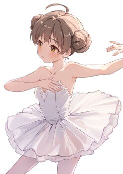1girl absurdres ahoge b1ack_illust ballerina blush breasts brown_eyes brown_hair commentary_request cowboy_shot double_bun dress hair_bun hakozaki_serika highres idolmaster idolmaster_million_live! official_alternate_hairstyle see-through_clothes see-through_dress simple_background small_breasts solo standing strapless strapless_dress sweat sweatdrop tutu white_background white_dress