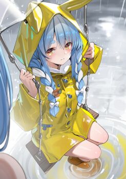 2girls animal_hood blue_hair boots bow braid carrot_hair_ornament closed_mouth cocorinokokoro double-parted_bangs food-themed_hair_ornament hair_between_eyes hair_bow hair_ornament hair_over_shoulder highres hikimayu hololive hood hood_up long_hair looking_at_another mother_and_daughter multicolored_hair multiple_girls on_swing orange_eyes outdoors pekomama rabbit-shaped_pupils rabbit_girl rabbit_hood rain raincoat rubber_boots short_eyebrows sitting solo_focus swing symbol-shaped_pupils tearing_up thick_eyebrows twin_braids two-tone_hair usada_pekora virtual_youtuber white_hair yellow_raincoat