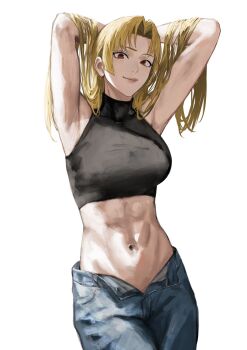 1girl abs armpits arms_up black_shirt blonde_hair breasts crop_top denim hair_lift hands_up highres jeans jujutsu_kaisen large_breasts long_hair looking_at_viewer midriff muscular muscular_female navel open_fly pants raberu_ruru red_eyes seductive_smile shirt simple_background sleeveless smile solo tank_top toned tsukumo_yuki_(jujutsu_kaisen) turtleneck unbuttoned_pants white_background