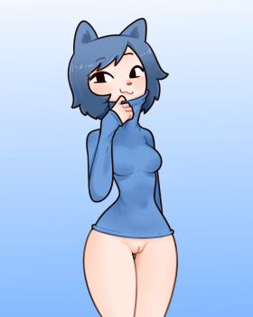 1girl :3 animal_ears black_eyes blue_background blue_hair blue_shirt blush bottomless breasts cat_ears closed_mouth gradient_background half-closed_eyes kota_(kotamota) kotamota long_sleeves looking_at_viewer medium_breasts no_panties no_pants non-web_source original pussy shirt short_hair smile solo standing turtleneck turtleneck_shirt