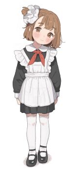 1girl absurdres apron black_dress black_shoes blush brown_eyes brown_hair child closed_mouth commentary dress frilled_apron frills full_body hair_ornament hair_scrunchie highres long_sleeves looking_at_viewer maid_apron mary_janes neckerchief one_side_up original possummachine red_neckerchief school_uniform scrunchie shoes simple_background solo soviet_school_uniform standing thighhighs white_apron white_background white_thighhighs