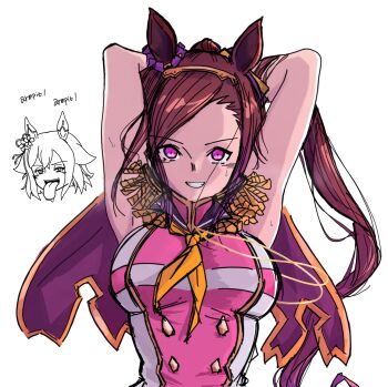 Rule 34 | animal ears, asymmetrical gloves, bakushin o armpit gif (meme), blush, breasts, brown hair, commentary, ear covers, ear ornament, epaulettes, flower, flower in eye, gloves, gold hairband, hair flaps, hair flower, hair ornament, hairband, highres, horse ears, horse girl, horse tail, j (jojoon02), long hair, looking at viewer, meme, mismatched gloves, multiple girls, neckerchief, open mouth, ponytail, purple eyes, sakura bakushin o (blossom in learning) (umamusume), sakura bakushin o (umamusume), sakura chiyono o (umamusume), shirt, smile, symbol in eye, tail, umamusume, untranslatable commentary, victory club (umamusume), yellow neckerchief